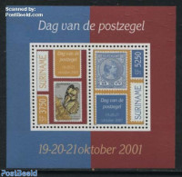 Suriname, Republic 2001 Stamp Day S/s, Mint NH, Nature - Butterflies - Stamps On Stamps - Briefmarken Auf Briefmarken