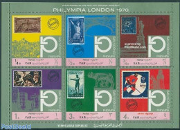 Yemen, Arab Republic 1970 Philympia 6v M/s, Mint NH, Sport - Athletics - Ice Hockey - Olympic Games - Stamps On Stamps - Atletiek