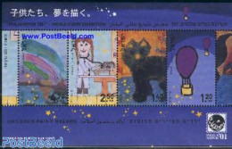 Israel 2001 Children Dreams S/s, Mint NH, Nature - Transport - Cats - Dogs - Balloons - Art - Children Drawings - Unused Stamps (with Tabs)