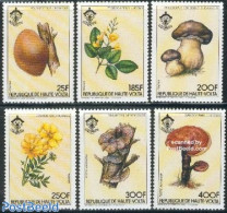 Upper Volta 1984 Flowers And Mushrooms 6v, Mint NH, Nature - Sport - Flowers & Plants - Mushrooms - Scouting - Funghi