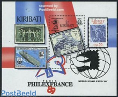 Kiribati 1989 Stamp Expo S/s, Mint NH, Transport - Stamps On Stamps - U.P.U. - Ships And Boats - Art - Sculpture - Briefmarken Auf Briefmarken