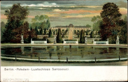 Lithographie Potsdam, Lustschloss Sanssouci Mit Wasserbecken - Other & Unclassified