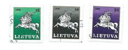 Lithuania, Lietuva 1991 ; Cavalli, Horse, Pferde, Chaveaux, Con Guerriero In Groppa ; 3 Valori ; Used. - Chevaux