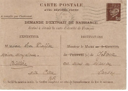 TYPE PETAIN ENTIER à 1F20  DEMANDE D'EXTRAIT DE NAISSANCE OBL 1943 - Cartes Postales Types Et TSC (avant 1995)