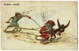 Carte Illustrée Herzig "Bonheur Conjugal " Caricature Laboureur Ayant Mis Sa Femme à Tirer La Charrue Avec L'âne - 1914 - Autres & Non Classés