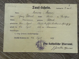 Dokument Urkunde Tauf Schein Deutsch Krawarn 1939 Mit Stempel Pfarramt Cravarn - Historische Dokumente