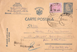 ROMANIA : CARTE POSTALA / CARTE POSTALE / POSTCARD + IOVR 1 LEU : PITESTI -> BUCURESTI - IANUARIE 1948 (an740) - Postal Stationery