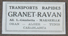 Publicité : Transports Rapides GRANET-RAVAN, à Marseille, 1951 - Reclame