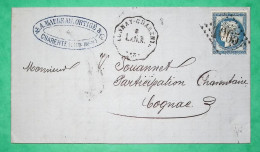 N°60C CONVOYEUR STATION TONNAY CHARENTE LIGNE LaR.A CHARENTE INFERIEURE POUR COGNAC 1876 LETTRE COVER FRANCE - Poste Ferroviaire