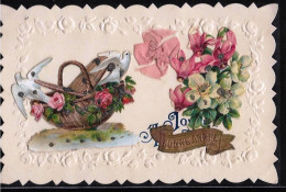 Carte Bordure Gaufrée, Ajoutis De Fleurs, Panier, Tourterelles & Ruban Rose Tissus, Bonne Année - Mechanical