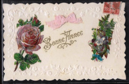 Carte Bordure Gaufrée, Ajoutis De Fleurs & Ruban Rose Tissus, Bonne Année - Dreh- Und Zugkarten