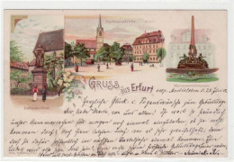 39016011 - Lithographie  Gruss Aus Erfurt Mit Lutherdenkmal, Kaufmannskirche Und Monumentalbrunnen Gelaufen 1900. Leich - Erfurt