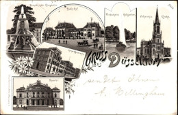 Lithographie Düsseldorf Am Rhein, Bahnhof, Johanniskirche, Hofgarten, Kunstakademie, Theater, Brunnen - Sonstige & Ohne Zuordnung
