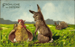 Gaufré Lithographie Glückwunsch Ostern, Huhn Sitzt Auf Eiern, Hasen - Pâques
