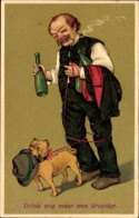 Gaufré Lithographie Betrunkener Mann, Weinflaschen, Hund - Other & Unclassified