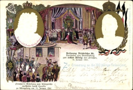 Gaufré Lithographie Krönung Friedrichs III, Kaiser Wilhelm II., Portrait, Preußens Erhebung Zum Königreich - Familles Royales