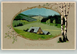 39599611 - Baeuerliche Fruehlingslandschaft Birken Jugendstil Lithographie - Pinksteren
