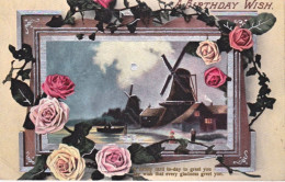 1910circa-Olanda Cartolina Augurale Con Rose E Mulini A Vento - Autres & Non Classés