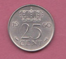 Netherland, 1960- Royal Dutch Mint- 25 Cent - Nickel  . Obverse Queen Juliana Of The Netherlands. Reverse Denomination- - 1948-1980 : Juliana