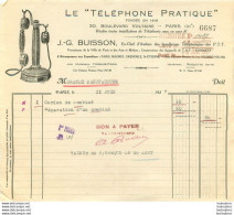 LE TELEPHONE PRATIQUE J.G.  BUISSON 30 BD VOLTAIRE PARIS XIe  FACTURE 1927 - 1900 – 1949
