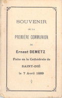 Souvenir De Première Communion Ernest Demetz St Dié 1889 Prière De St Augustin - Images Religieuses