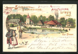 Lithographie Leipzig, Sächsisch-Thüringische Industrie-u. Gewerbe-Ausstellung 1897, Das Dorf Mit Besuchern  - Exhibitions