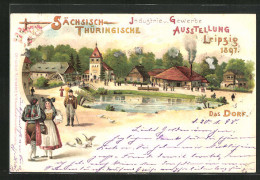 Lithographie Leipzig, Sächsisch-Thüringische Industrie-u. Gewerbe-Ausstellung 1897, Dorf Mit Besuchern  - Expositions