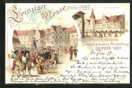 Lithographie Leipzig, Sächsisch-Thüringische Industrie-u. Gewerbe-Ausstellung 1897, Am Naschmarkt, Auerbachs Hof  - Expositions