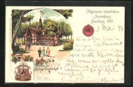 Lithographie Hamburg, Allgemeine Gartenbau-Ausstellung 1897, Pavillon Der Bodega-Gesellschaft, Wappen  - Exhibitions