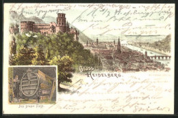 Lithographie Heidelberg, Teilansicht Mit Burg, Das Grosse Fass  - Heidelberg