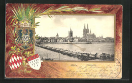 Passepartout-Lithographie Köln, Totalansicht, Pontonbrücke, Wappen  - Autres & Non Classés