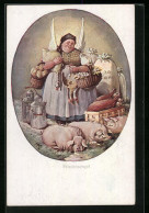 Künstler-AK Friedensengel, Korpulente Bäuerin Mit Vorrat An Mehl, Eiern, Milch Und Schlachtvieh  - Guerre 1914-18
