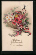 AK Neujahrsgrüsse Mit Einem Blumenkorb Und Schleifenband Mit Den Farben Des Deutschen Reiches  - War 1914-18