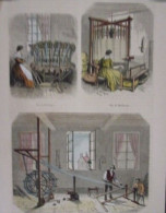 GRAVURE SUR BOIS AQUARELLEE 1855 ATELIER LYON SOIE DEVIDAGE OURDISSAGE PLIAGE - Autres & Non Classés