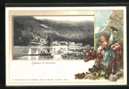 Passepartout-Lithographie Seehaus Bei Ruhpolding, Ortsansicht Mit Boot, Dame In Tracht  - Other & Unclassified