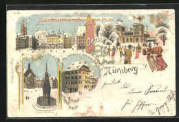 Winter-Lithographie Nürnberg, Dürerhaus, Brunnen, Markt  - Other & Unclassified