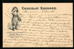 Lithographie Reklame Für Chocolat Suchard, Mädchen Mit Kusshand Als Dank Für Schokolade  - Culture