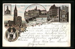 Lithographie Strassburg, Französ. Château, Münster Uhr, Gutenberg-monument  - Autres & Non Classés