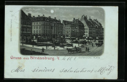 Lithographie Clair De Lune Strassburg, Gutenberg-Platz Avec Tramway Tracté Par Des Chevaux Et Attelage à Cheval  - Andere & Zonder Classificatie