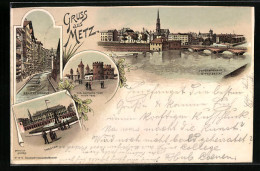 Lithographie Metz, Deutsches Thor, Jungfernwehr U. Mittelbrücke, Gerbergraben  - Metz