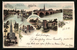 Lithographie Metz, Todtenbrücke, Deutsches Thor, Garnison-l'Église  - Metz