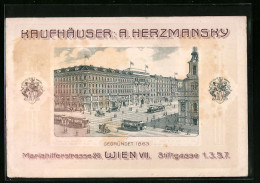 Vertreterkarte Wien, Kaufhäuser A. Herzmansky, Strassenpartie Mit Dem Kaufhaus Und Strassenbahn  - Ohne Zuordnung
