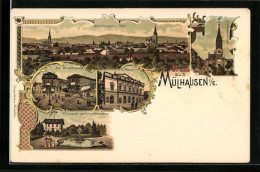 Lithographie Mülhausen, Theater, Neu-Quartierplatz, Anlage Der Städt. Wasserleitung  - Autres & Non Classés