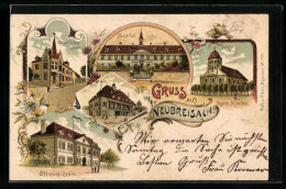 Lithographie Neubreisach, Kaiserl. Postamt, Hospital, Hôtel De Ville  - Autres & Non Classés