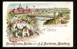 Lithographie Hamburg, Gartenbau-Ausstellung 1897, Thor Am Holstenplatz, Darboven Kaffee Reklame  - Tentoonstellingen