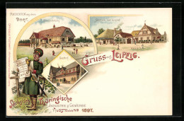Lithographie Leipzig, Sächsisch Thüringische Ausstellung 1897, Ausrufer Mit Glocke, Gasthof, Gemeindehaus, Schmiede  - Exhibitions
