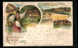 Lithographie Leipzig, Industrie - Und Gewerbe-Ausstellung 1897, Bauernhaus, Waldhütte, Brücke, Trachtenmädchen  - Tentoonstellingen