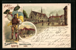 Lithographie Leipzig, Industrie - Und Gewerbe-Ausstellung 1897, Messstadt Eingang, Rathaus Und Naschmarkt  - Tentoonstellingen