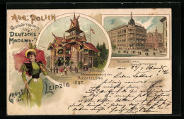Lithographie Leipzig, Ausstellung 1897, Modenhaus Polich, Geschäftshaus (Eingang Peterstrasse), Dame Mit Schirm  - Tentoonstellingen