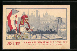 Künstler-AK Prag-Prague, La Foire Internationale 1922, Dame In Tracht Vor Stadt-Silhouette  - Expositions
